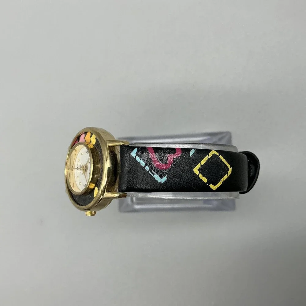 Jennie B Women Watch 24mm White Dial Black Hearts Design Band Gold Tone New Batt